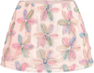 WDIRARA Women's Floral Appliques Mesh Skirt Low Rise Mini Skirts
