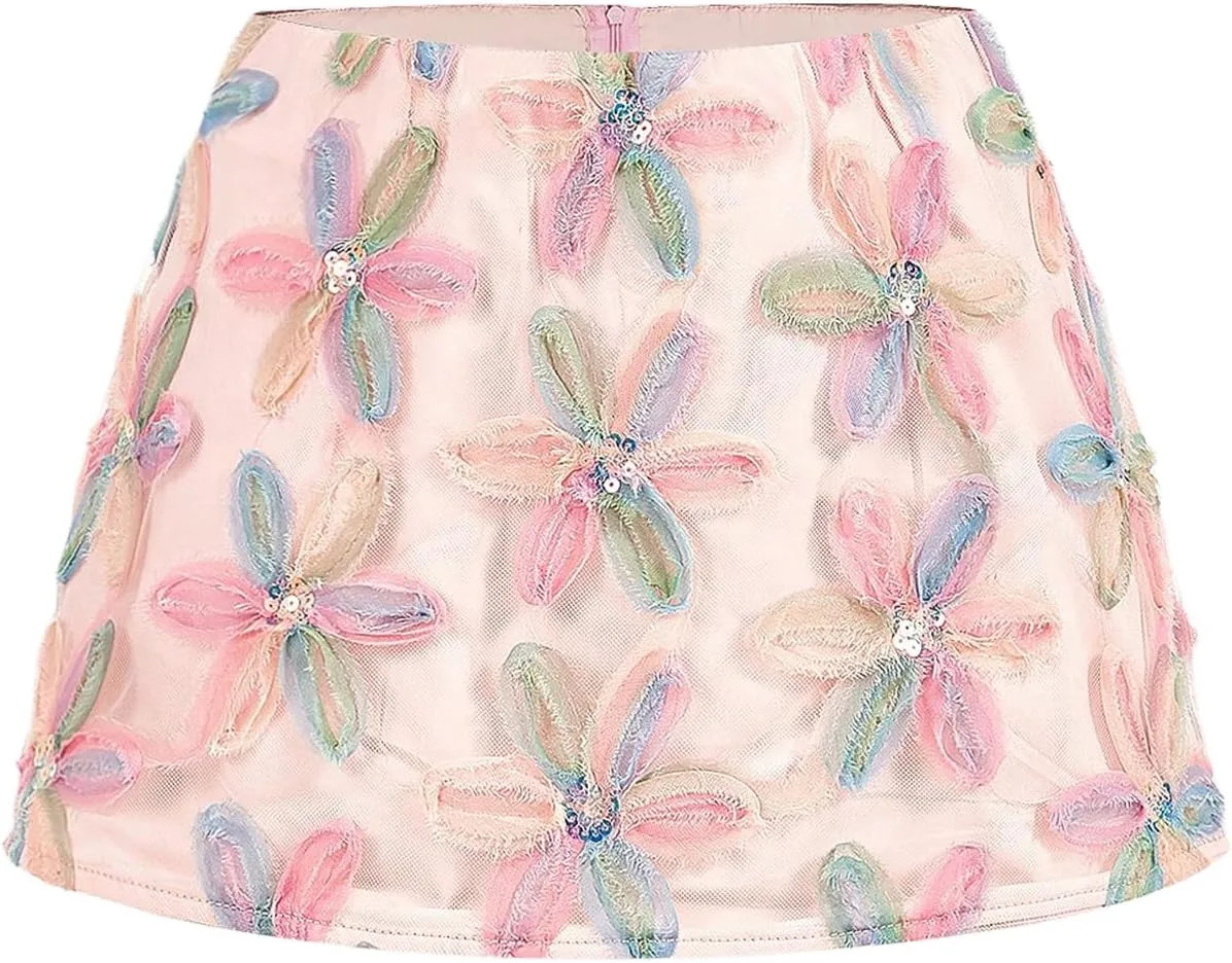 WDIRARA Women's Floral Appliques Mesh Skirt Low Rise Mini Skirts