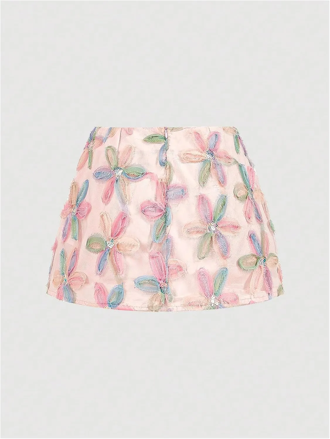 WDIRARA Women's Floral Appliques Mesh Skirt Low Rise Mini Skirts