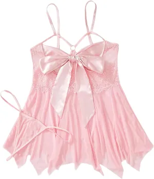 WDIRARA Women's Plus Size 2 Piece Bow Front Ruffle Hem Mesh Lingerie Dress with Panty