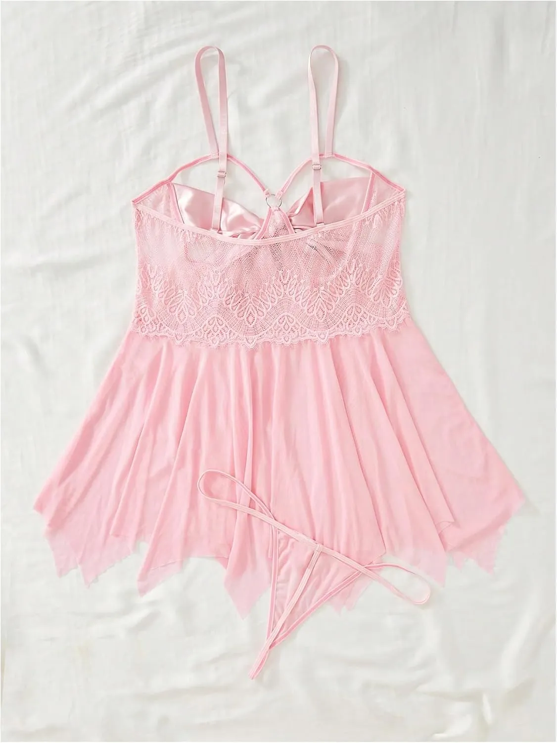 WDIRARA Women's Plus Size 2 Piece Bow Front Ruffle Hem Mesh Lingerie Dress with Panty
