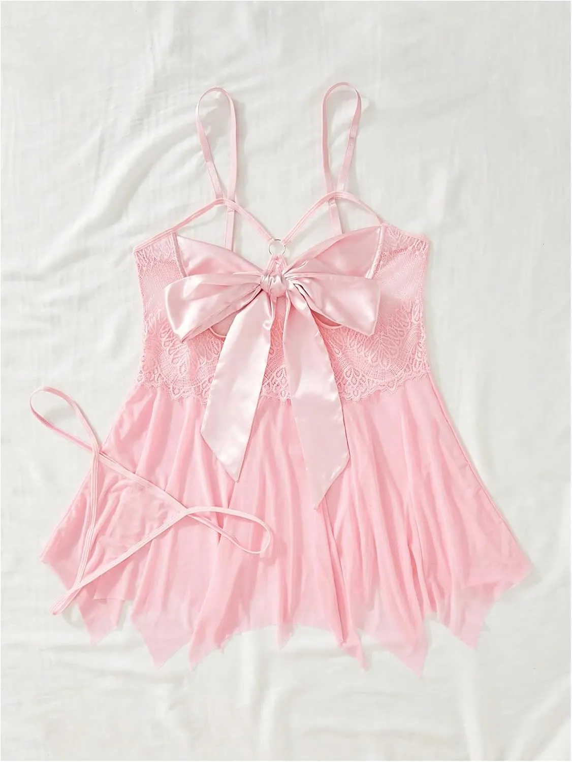 WDIRARA Women's Plus Size 2 Piece Bow Front Ruffle Hem Mesh Lingerie Dress with Panty