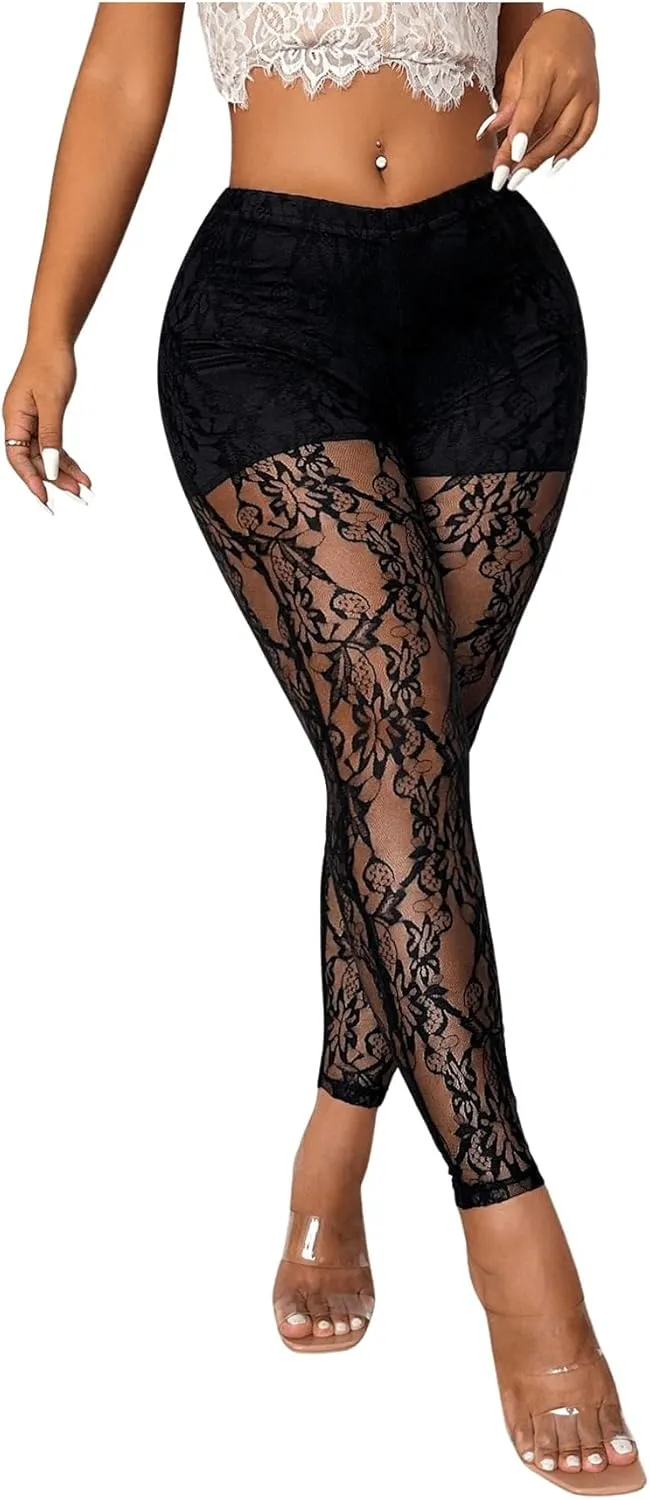 WDIRARA Women's Sexy Lace See Through Low Waist Slim Fit Leggings Sheer Mesh Stretchy Trouser