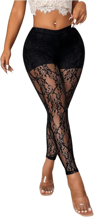 WDIRARA Women's Sexy Lace See Through Low Waist Slim Fit Leggings Sheer Mesh Stretchy Trouser