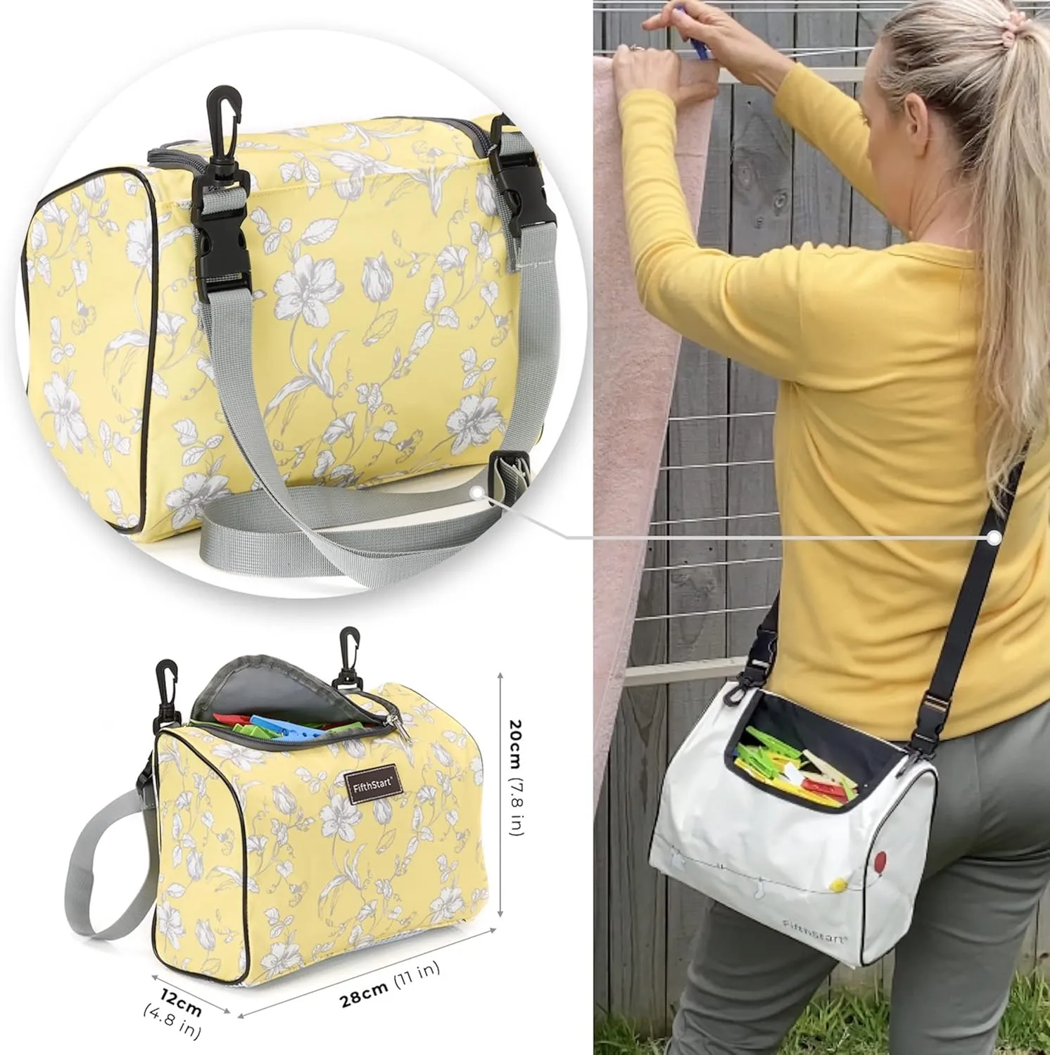 Wearable Clothespin Bag with Shoulder & Waist Strap. Double Secure Clips & Quick Dry Mesh Clothes Pins Bag Holder. Clothes Pin Bag That Holds Up To 300 Medium Clothespins (Yellow Floral, Zip Top)
