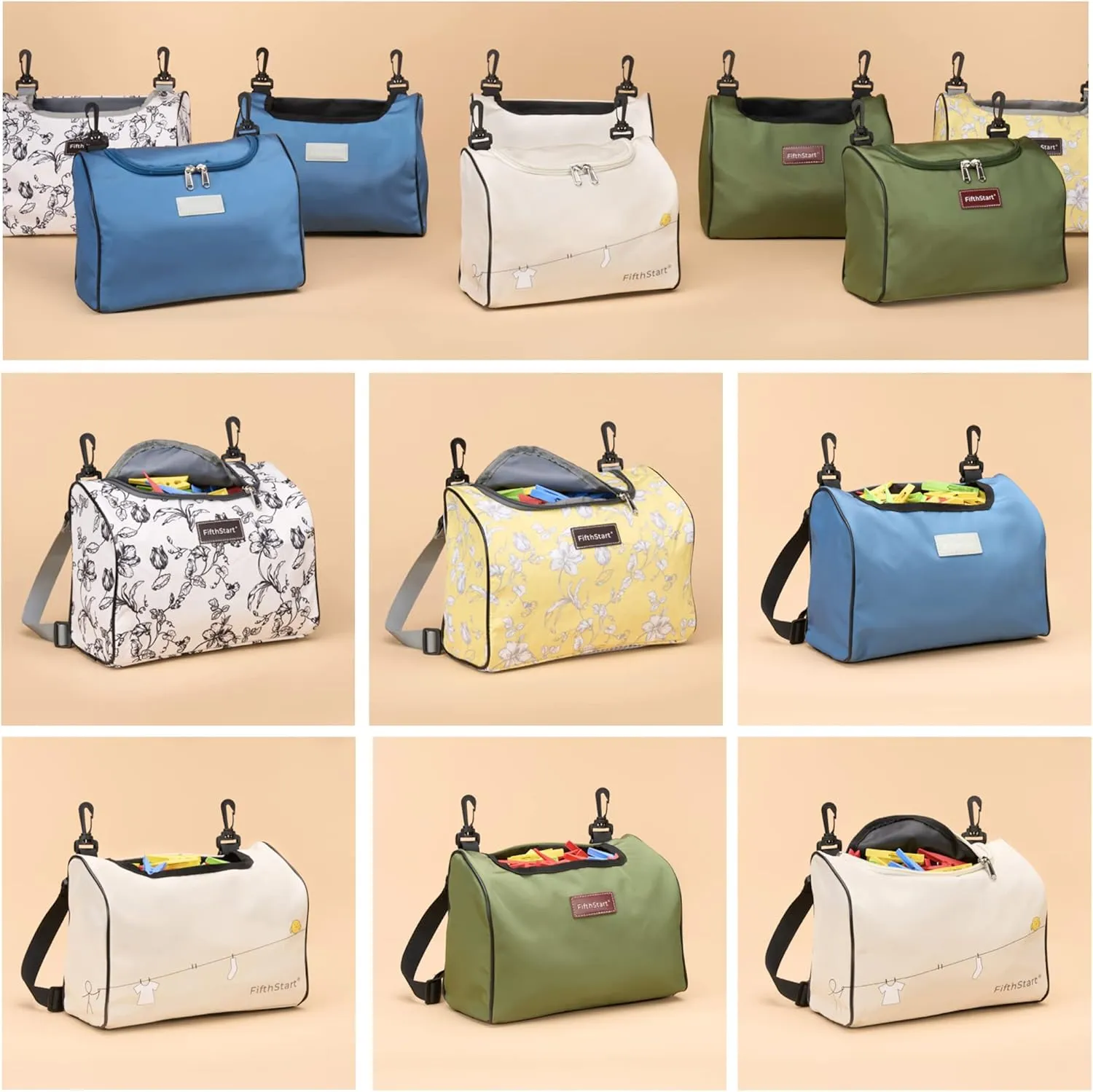 Wearable Clothespin Bag with Shoulder & Waist Strap. Double Secure Clips & Quick Dry Mesh Clothes Pins Bag Holder. Clothes Pin Bag That Holds Up To 300 Medium Clothespins (Yellow Floral, Zip Top)