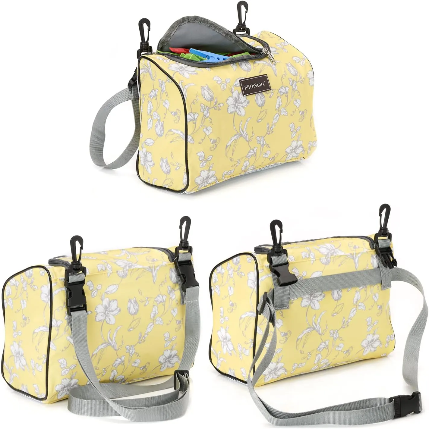 Wearable Clothespin Bag with Shoulder & Waist Strap. Double Secure Clips & Quick Dry Mesh Clothes Pins Bag Holder. Clothes Pin Bag That Holds Up To 300 Medium Clothespins (Yellow Floral, Zip Top)