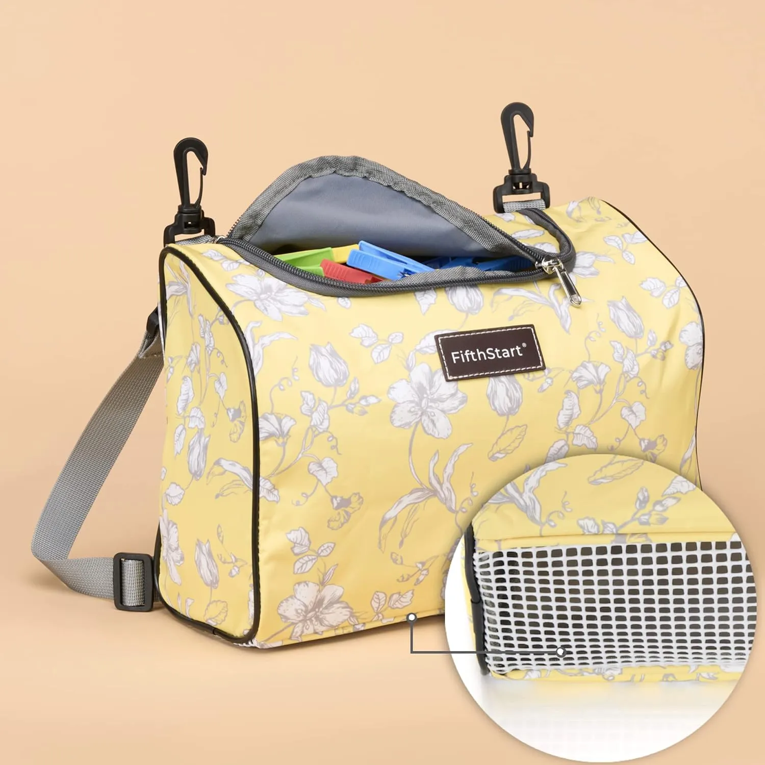 Wearable Clothespin Bag with Shoulder & Waist Strap. Double Secure Clips & Quick Dry Mesh Clothes Pins Bag Holder. Clothes Pin Bag That Holds Up To 300 Medium Clothespins (Yellow Floral, Zip Top)