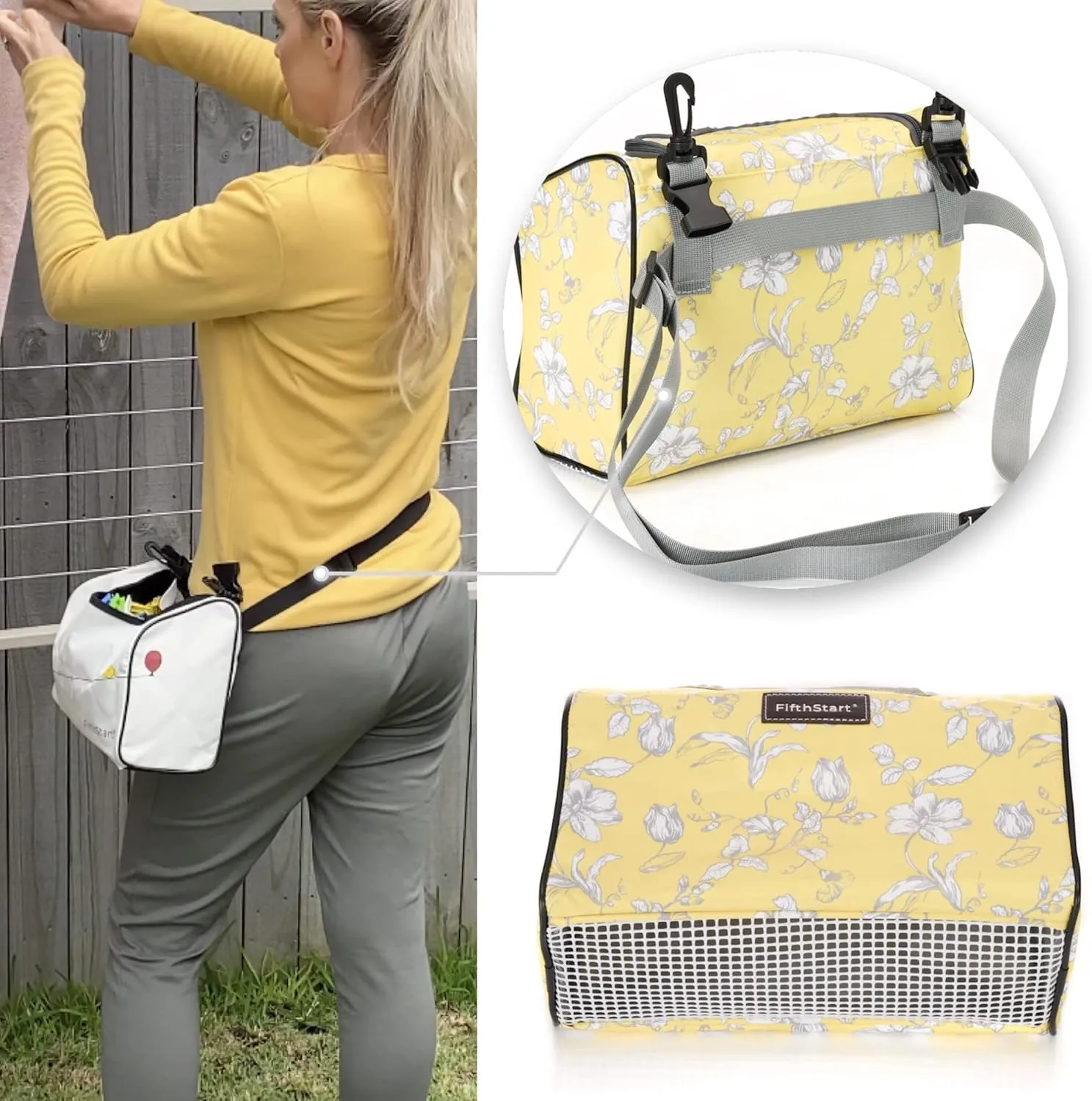 Wearable Clothespin Bag with Shoulder & Waist Strap. Double Secure Clips & Quick Dry Mesh Clothes Pins Bag Holder. Clothes Pin Bag That Holds Up To 300 Medium Clothespins (Yellow Floral, Zip Top)