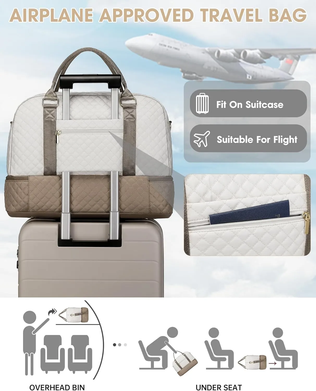 Weekender Travel Duffle Bag for Women: Overnight Bags with Shoe Compartment Carry on duffel Bag for Airplanes with 2 PCS Toiletry Bags Weekend Yoga Gym Hospital Bag with Wet Pocket Khaki