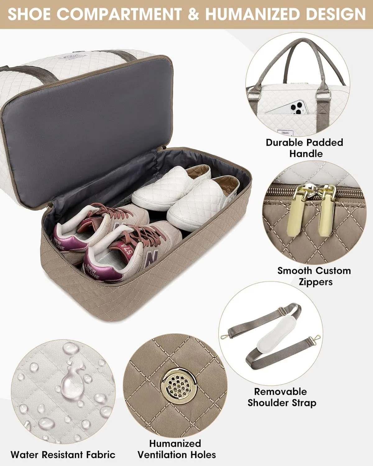 Weekender Travel Duffle Bag for Women: Overnight Bags with Shoe Compartment Carry on duffel Bag for Airplanes with 2 PCS Toiletry Bags Weekend Yoga Gym Hospital Bag with Wet Pocket Khaki