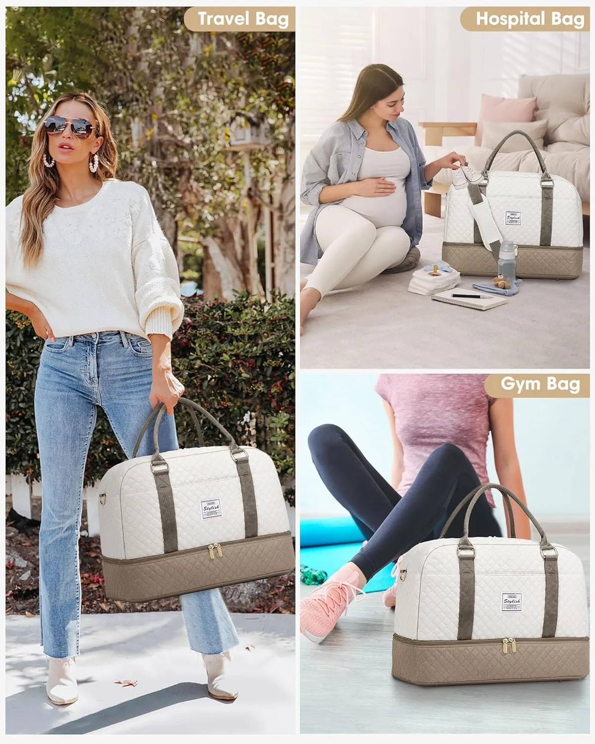 Weekender Travel Duffle Bag for Women: Overnight Bags with Shoe Compartment Carry on duffel Bag for Airplanes with 2 PCS Toiletry Bags Weekend Yoga Gym Hospital Bag with Wet Pocket Khaki
