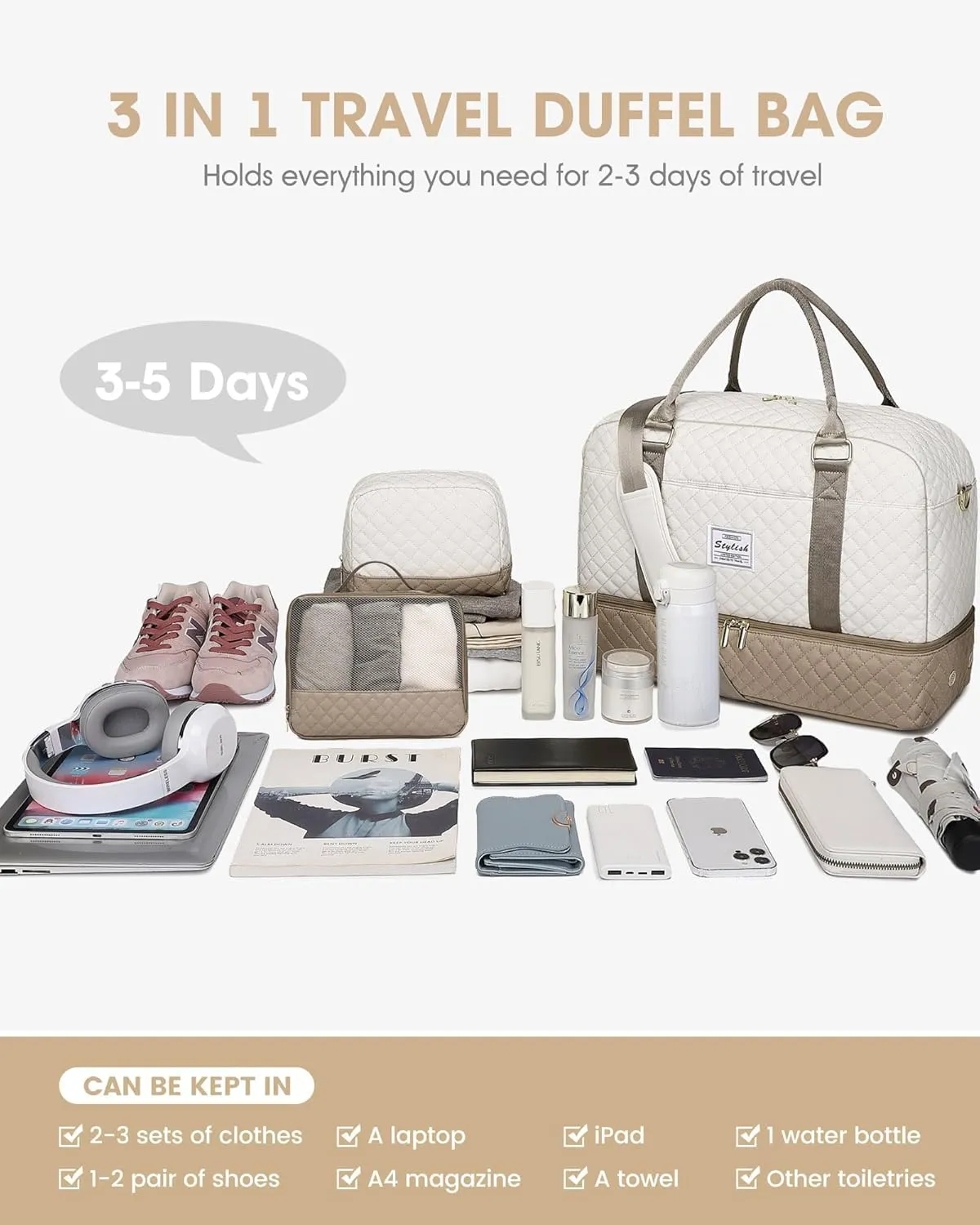 Weekender Travel Duffle Bag for Women: Overnight Bags with Shoe Compartment Carry on duffel Bag for Airplanes with 2 PCS Toiletry Bags Weekend Yoga Gym Hospital Bag with Wet Pocket Khaki
