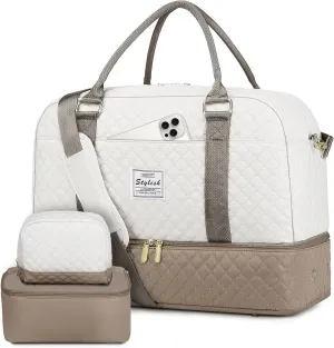 Weekender Travel Duffle Bag for Women: Overnight Bags with Shoe Compartment Carry on duffel Bag for Airplanes with 2 PCS Toiletry Bags Weekend Yoga Gym Hospital Bag with Wet Pocket Khaki
