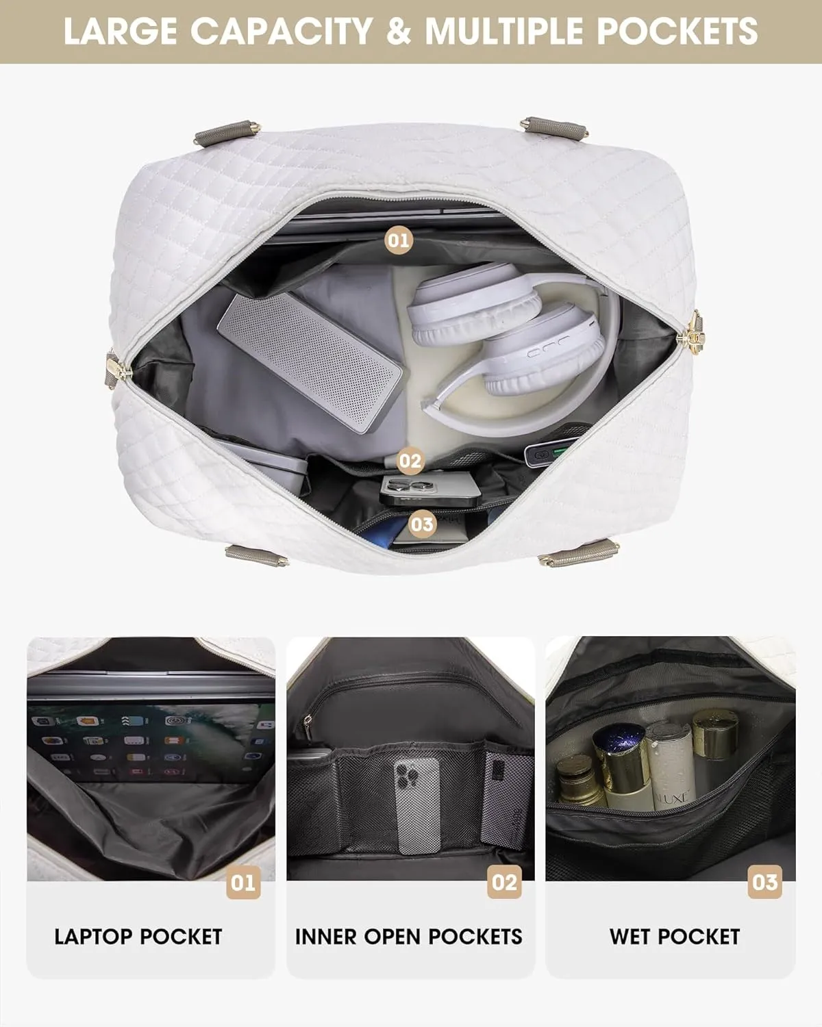 Weekender Travel Duffle Bag for Women: Overnight Bags with Shoe Compartment Carry on duffel Bag for Airplanes with 2 PCS Toiletry Bags Weekend Yoga Gym Hospital Bag with Wet Pocket Khaki