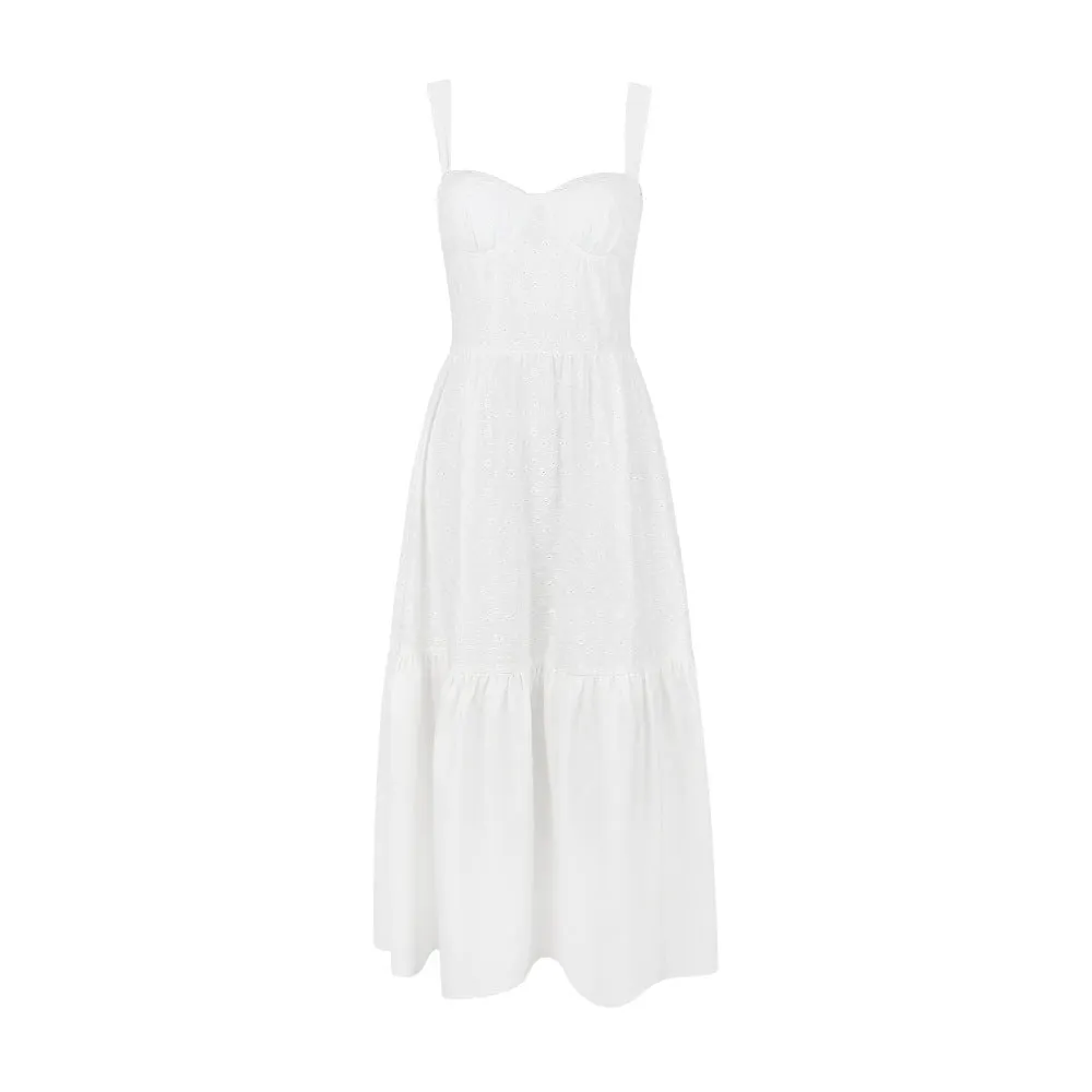 White broeadered Jacquard Midi A-Line Dress