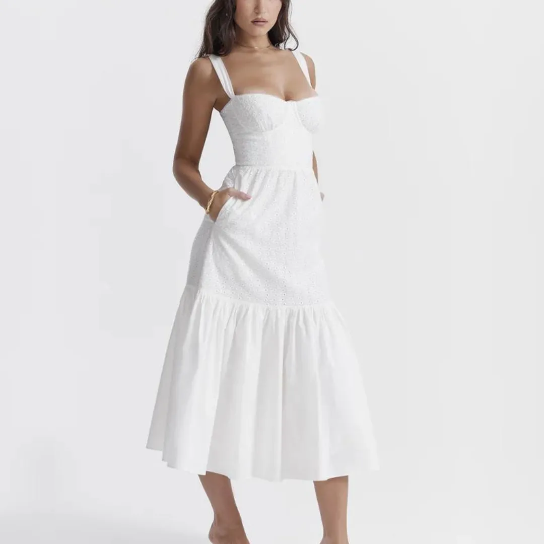 White broeadered Jacquard Midi A-Line Dress