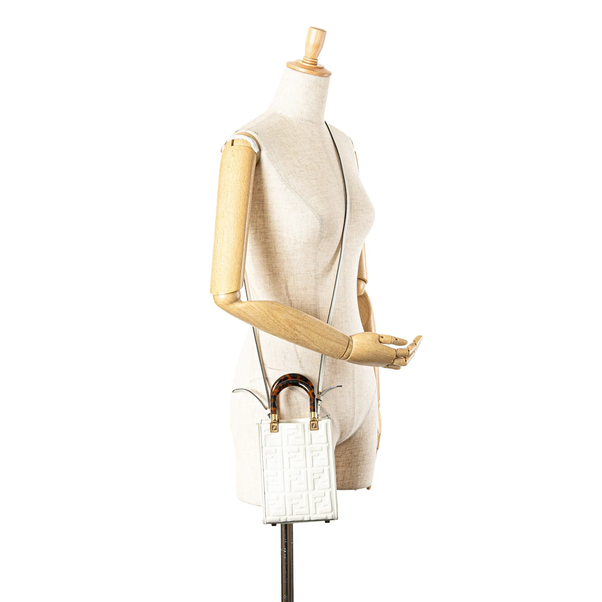 White Fendi Mini Zucca Embossed Leather Sunshine Shopper Tote Satchel