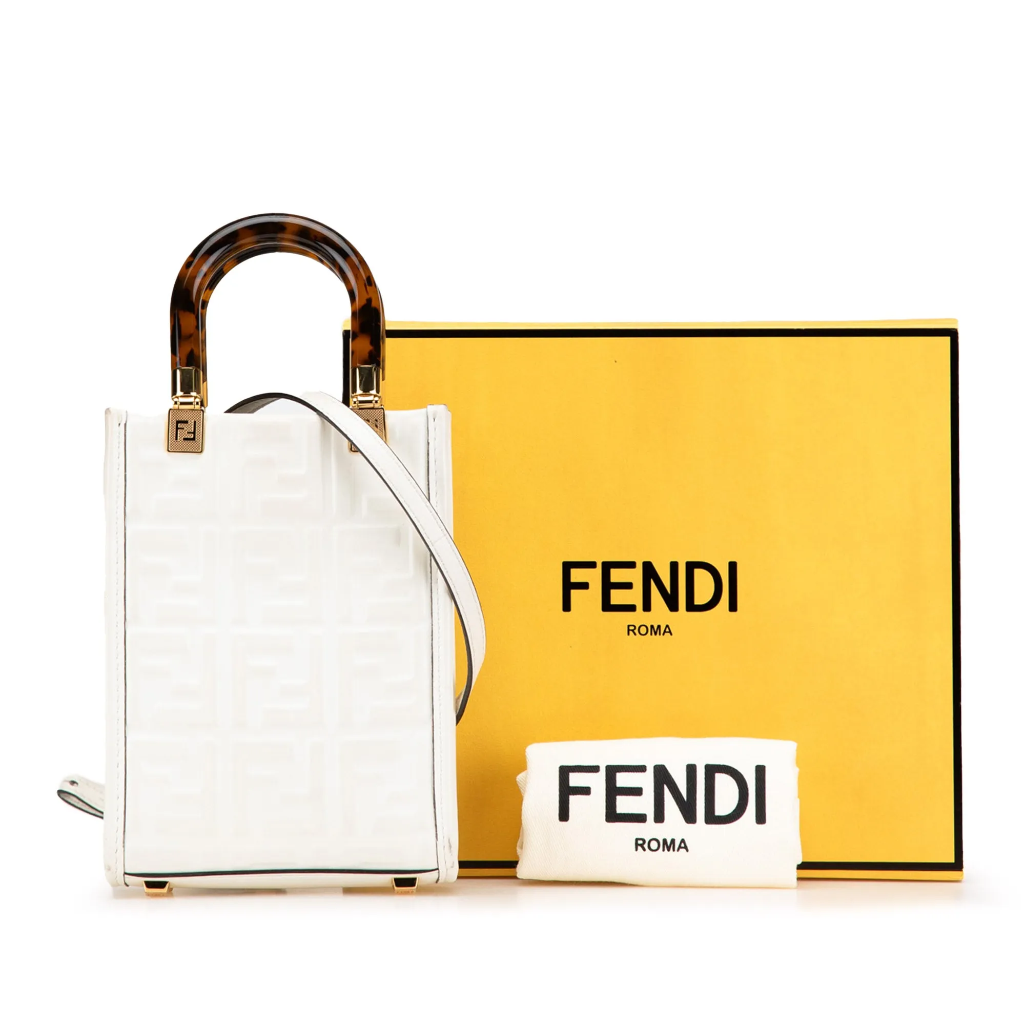 White Fendi Mini Zucca Embossed Leather Sunshine Shopper Tote Satchel