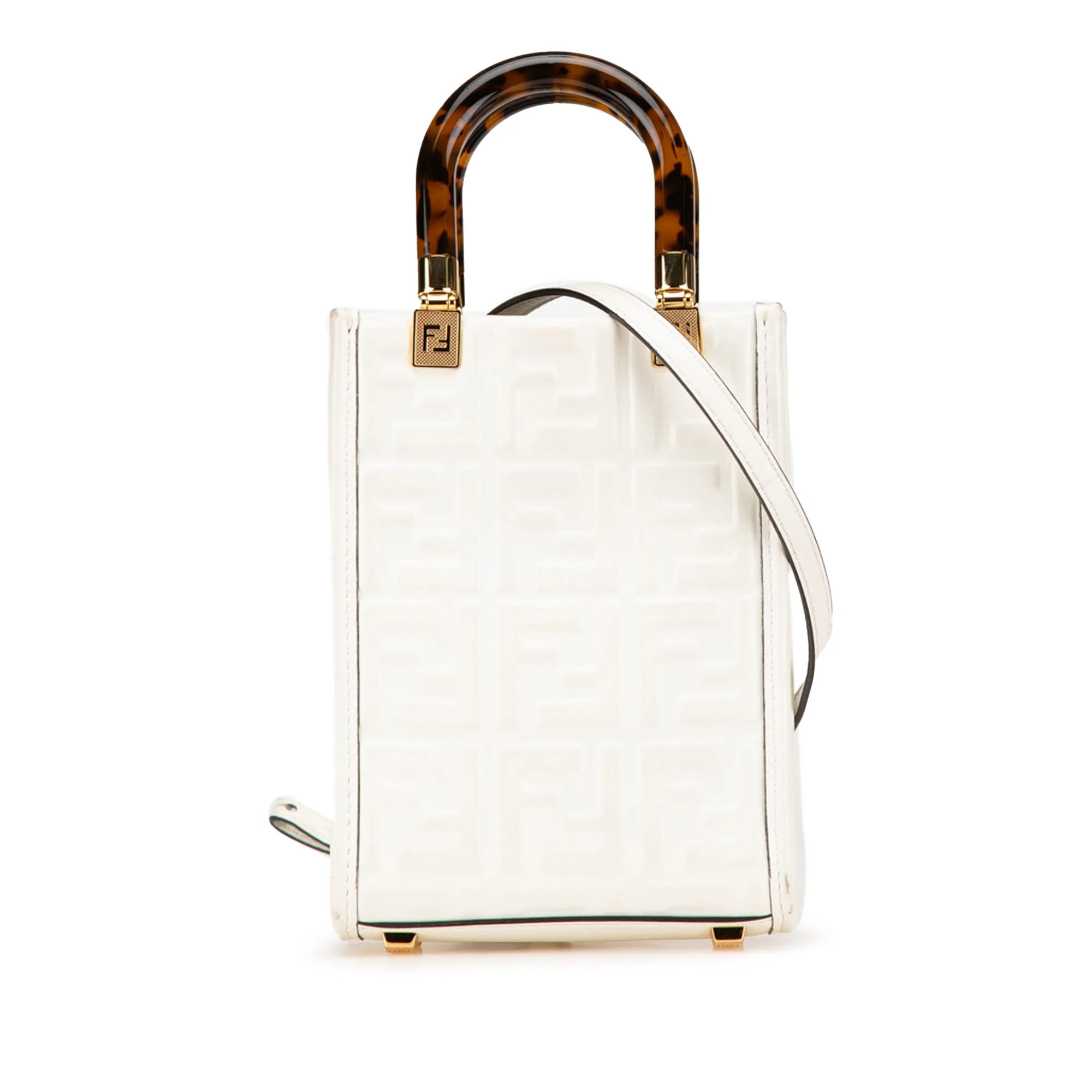 White Fendi Mini Zucca Embossed Leather Sunshine Shopper Tote Satchel