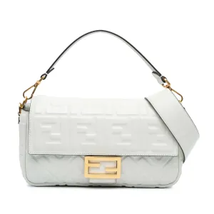 White Fendi Zucca Embossed Leather Baguette Satchel