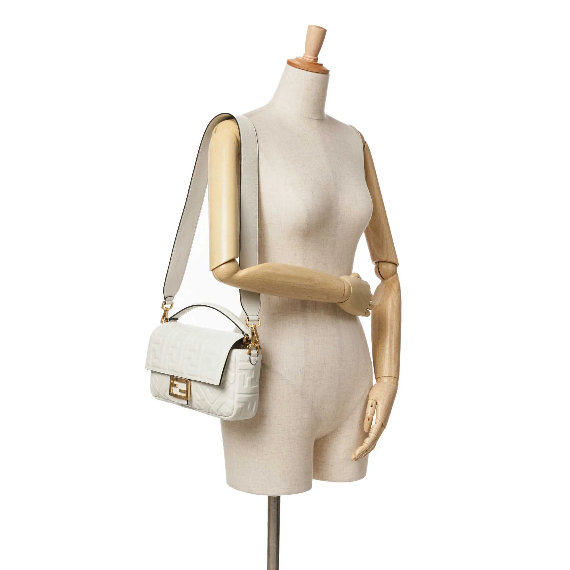 White Fendi Zucca Embossed Leather Baguette Satchel
