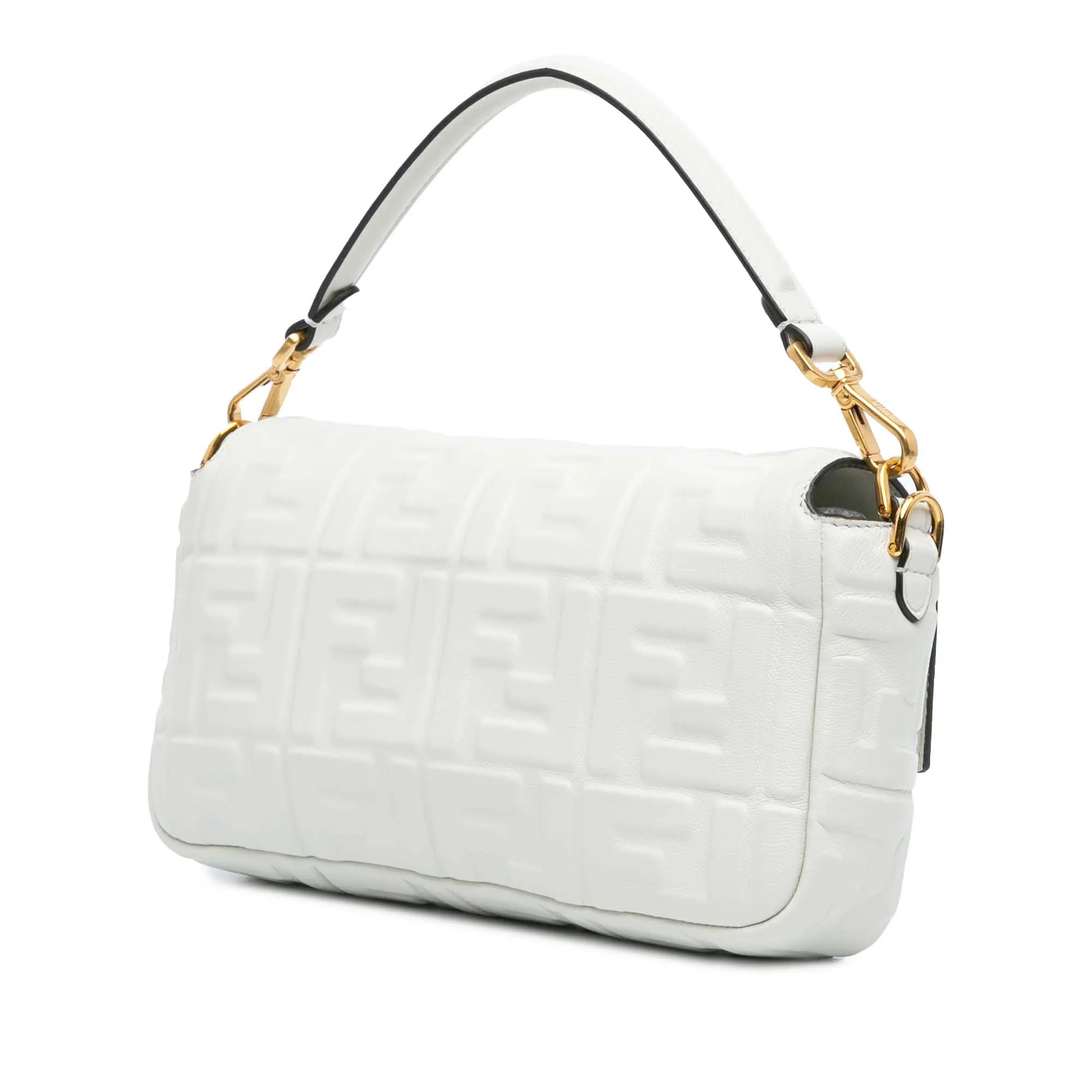 White Fendi Zucca Embossed Leather Baguette Satchel