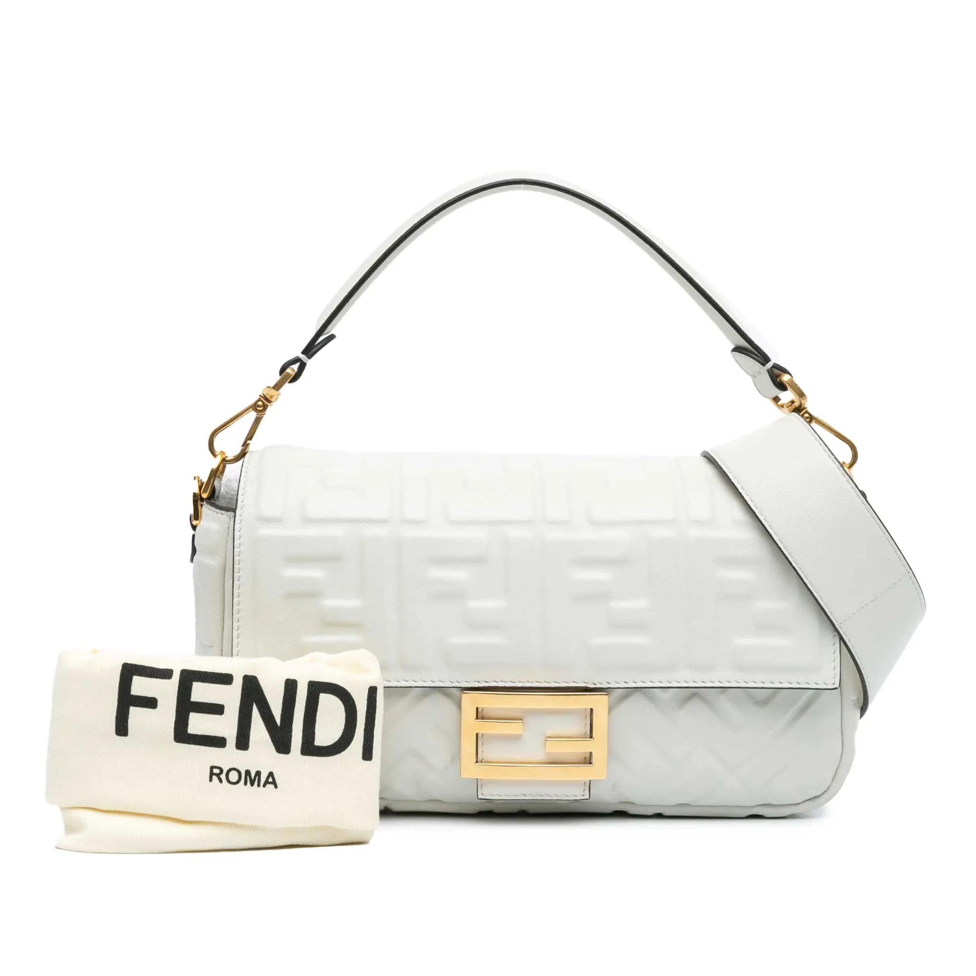 White Fendi Zucca Embossed Leather Baguette Satchel