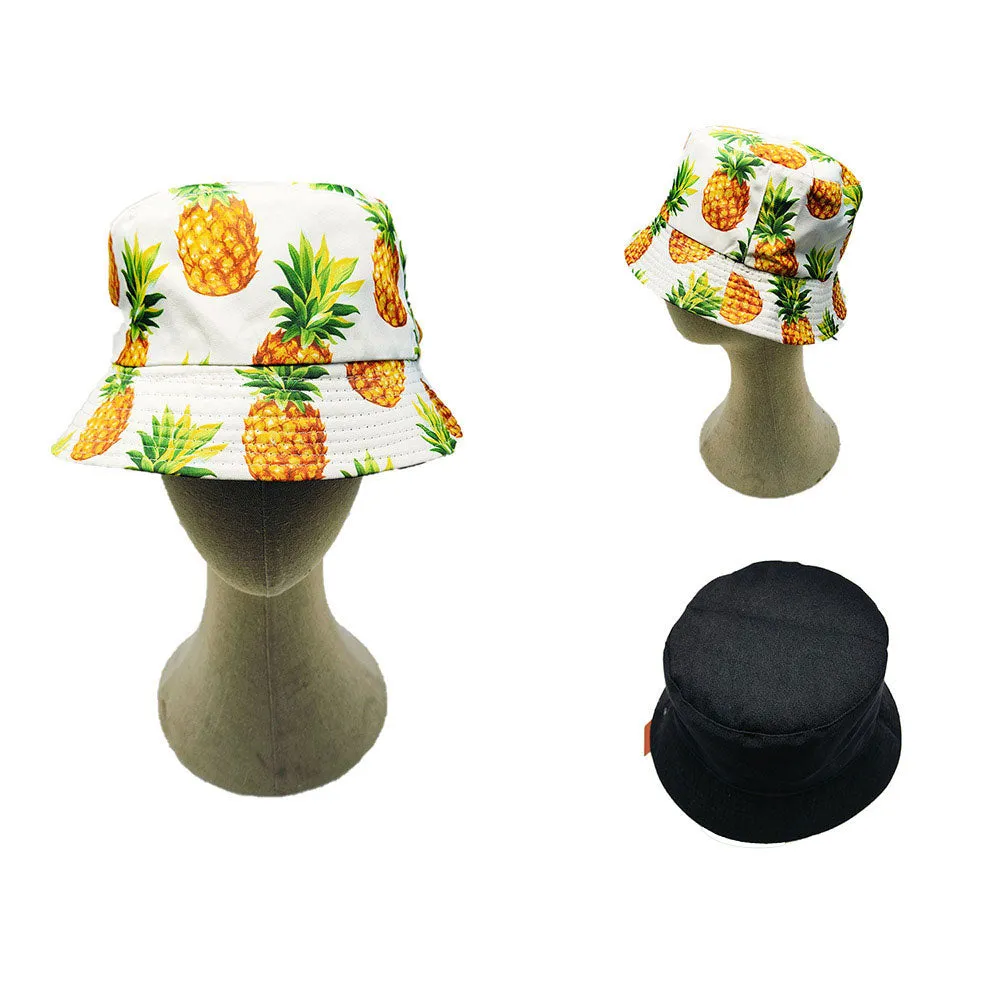 White Pineapple Print Reversible Bucket Hat