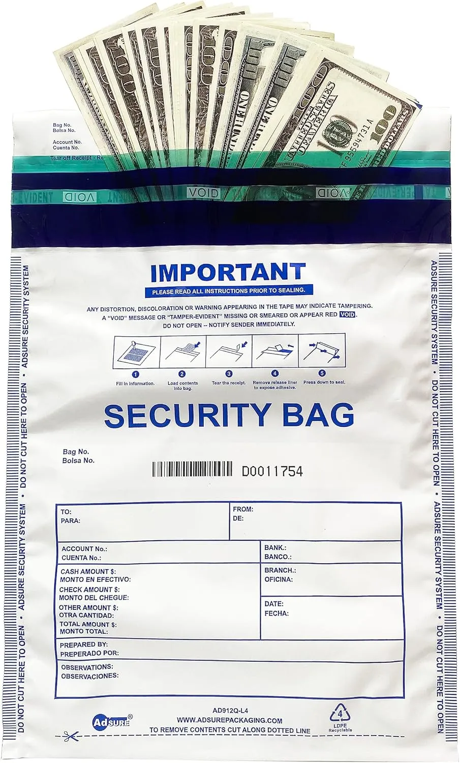 White Plastic Level 4 High Security Bank Deposit Bags For Cash | Pack of 100 | 9"x12"|Tamper Evident Bags | Heat and Cold Sensitive Ink,Write-On Panel and Tear-Off Receipt