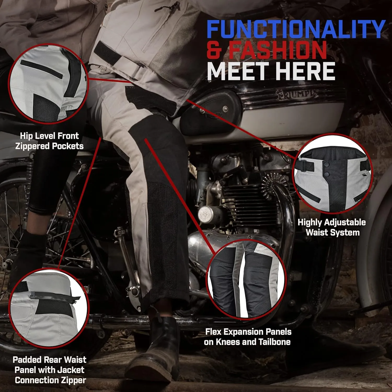 WICKED STOCK Men's Grey Mesh Motorcycle Pants - High Rise, Zipper Closure, Summer, Motocross, Dirt Bike, Motorcycle