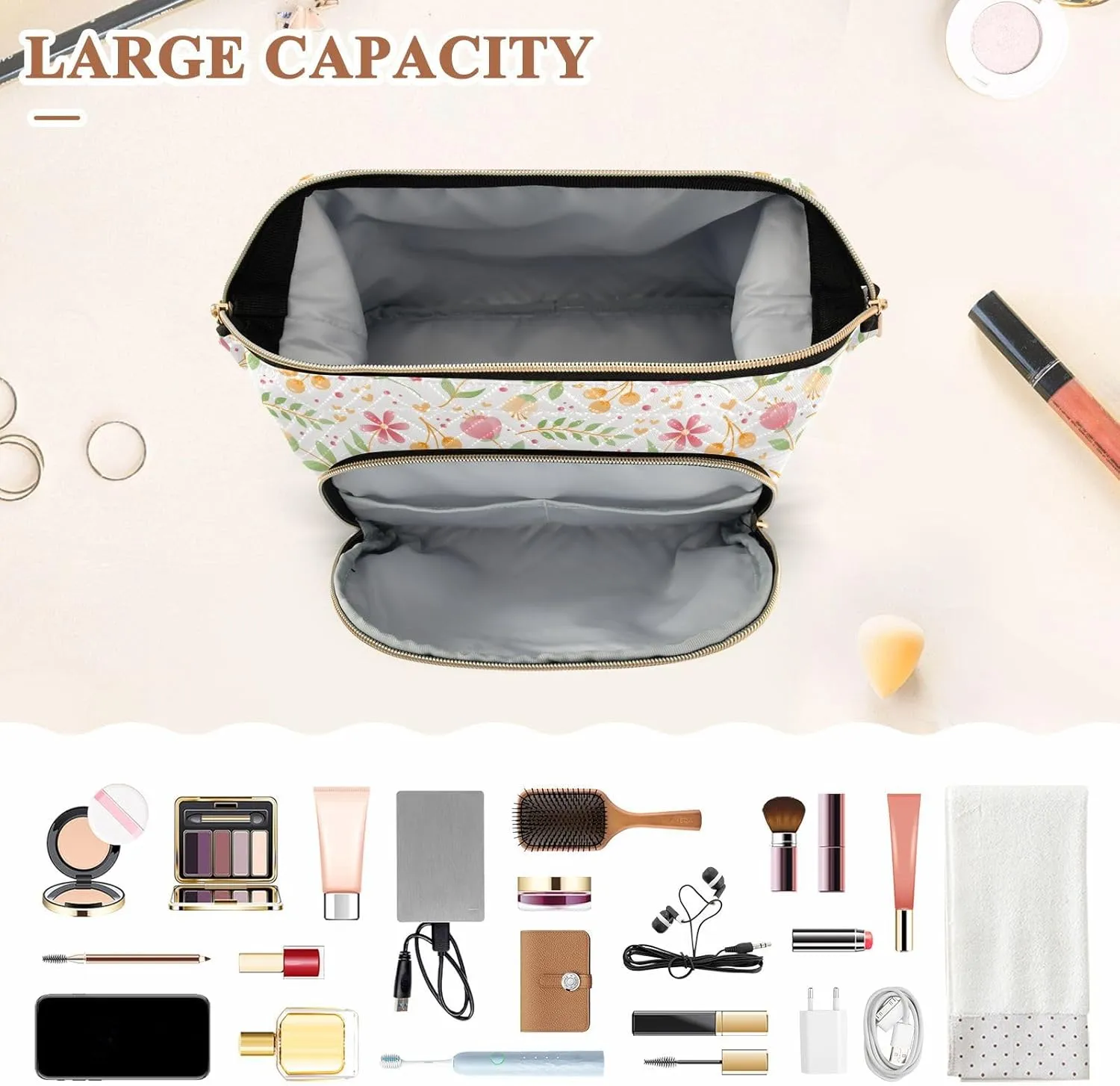Wide Open Quilted Cosmetic Bag Large Capacity Travel Toiletry Pouch with Lightweight and Puffy Design