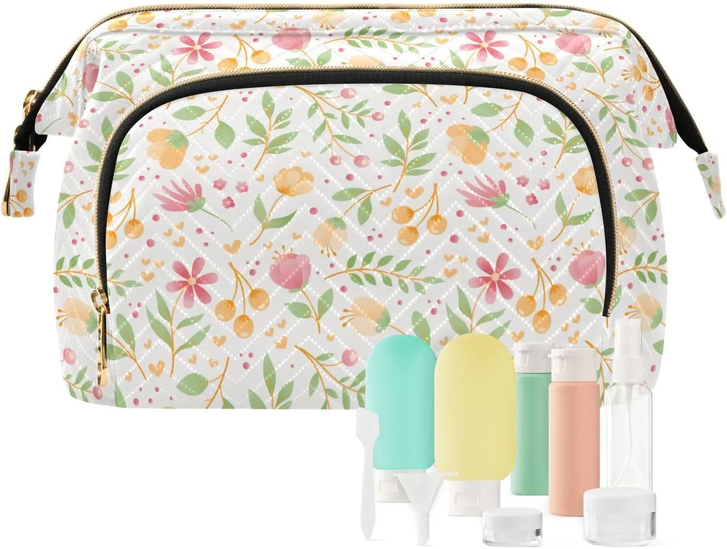 Wide Open Quilted Cosmetic Bag Large Capacity Travel Toiletry Pouch with Lightweight and Puffy Design