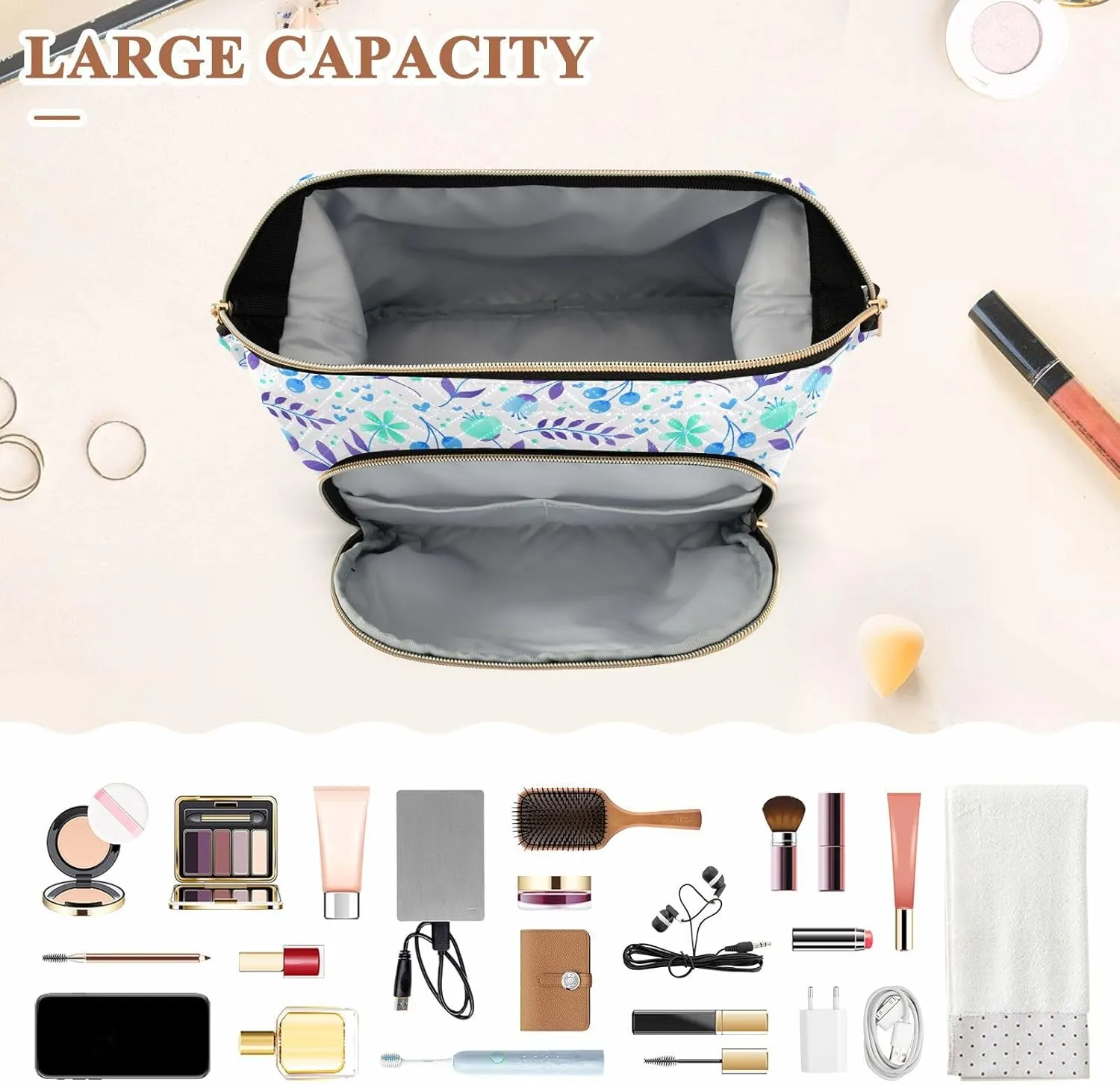 Wide Open Quilted Cosmetic Bag Large Capacity Travel Toiletry Pouch with Lightweight and Puffy Design