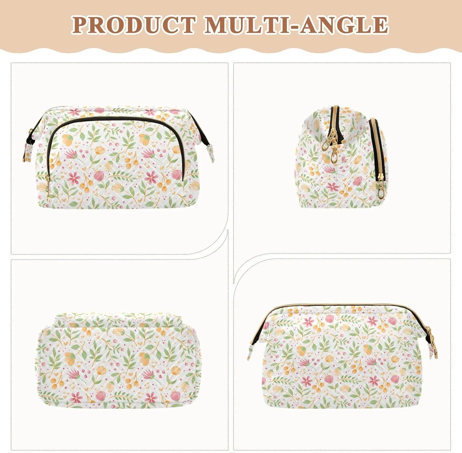Wide Open Quilted Cosmetic Bag Large Capacity Travel Toiletry Pouch with Lightweight and Puffy Design
