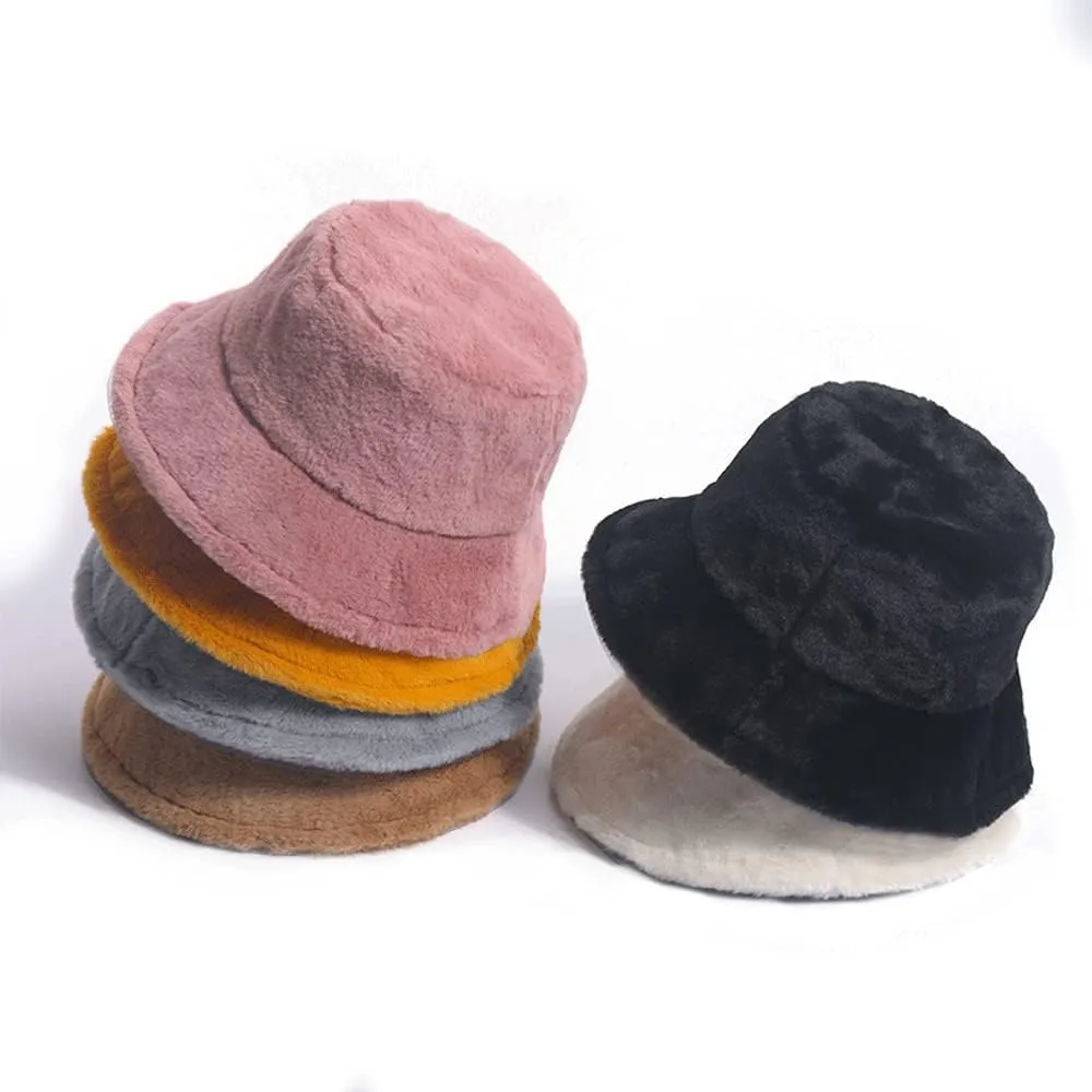 Winter Plush Bucket Hat for Women Men Classic Solid Color Faux Fur Fisherman Cap