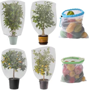 WIOR 4 Pack 3.28 x 4.92FT Garden Mesh Netting Bags with Drawstring and 2 Mesh Produce Bags, Blueberry Bush Covers Plant Barrier Mesh Protect Fruits Vegetables Trees Tomatoes from Birds Insects Eating
