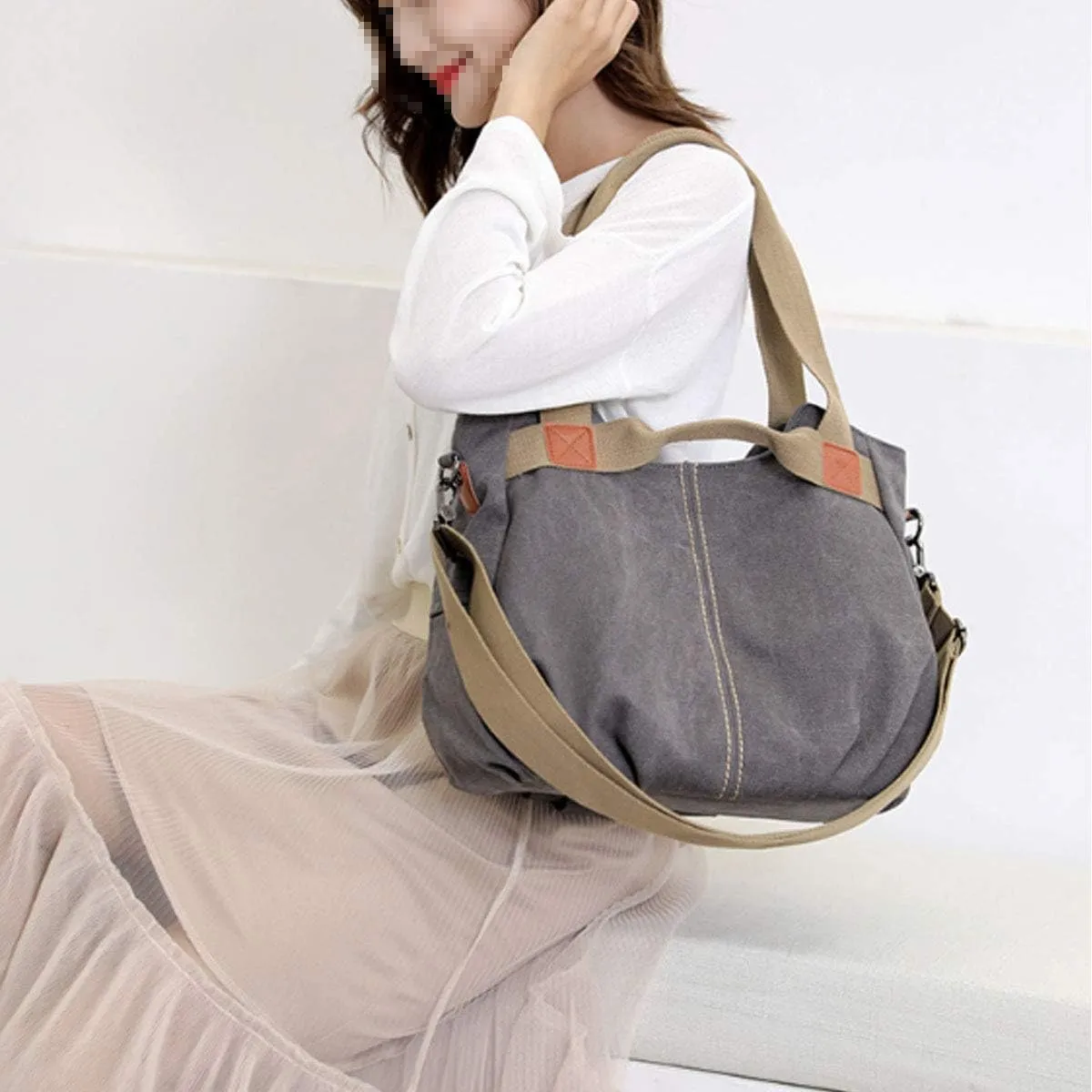 Women Casual Vintage Hobo Canvas Daily Purse Top Handle Shoulder Tote Shopper Handbag