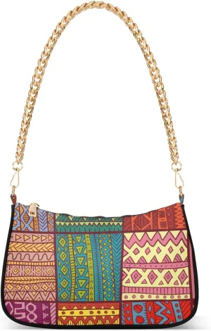 Women Chain Shoulder Purse Bag With Zipper Embroidery Patchwork Geometric Print, Ethnic Folk Colorful Hobo Tote Clutch Handbags with Chain Strap