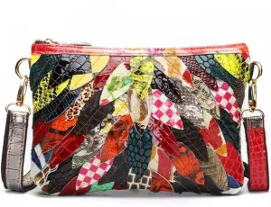 Women Colorful 3D Leaves Splicing Handbag Patent Leather Multicolor Shoulder Purse Snake Pattern Patchwork Crossbody Satchel