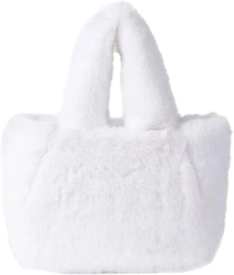 Women Cozy Faux Furs Fleece Small Bucket Handbag for Everyday Outfits Winter Fuzzy Plush Shoulder Crossbody Bag Purse
