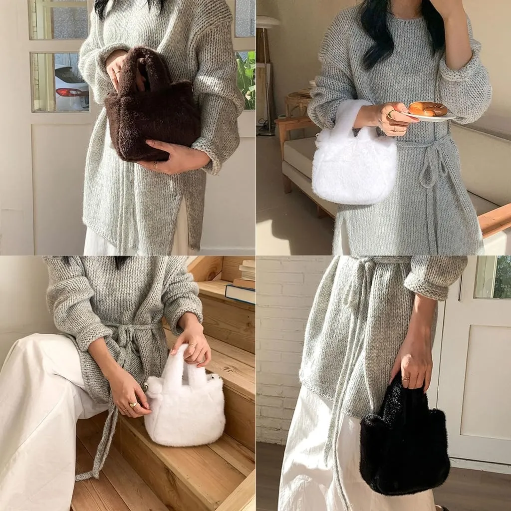 Women Cozy Faux Furs Fleece Small Bucket Handbag for Everyday Outfits Winter Fuzzy Plush Shoulder Crossbody Bag Purse