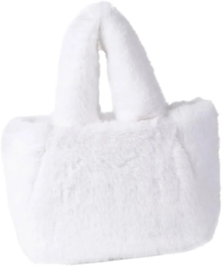 Women Cozy Faux Furs Fleece Small Bucket Handbag for Everyday Outfits Winter Fuzzy Plush Shoulder Crossbody Bag Purse