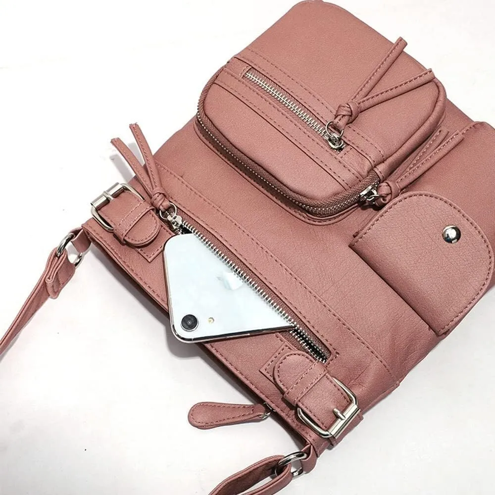 Women Crossbody Bags Vintage Messenger Vegan Leather Pocket Purse Shoulder Satchel Handbags Zipper Multi