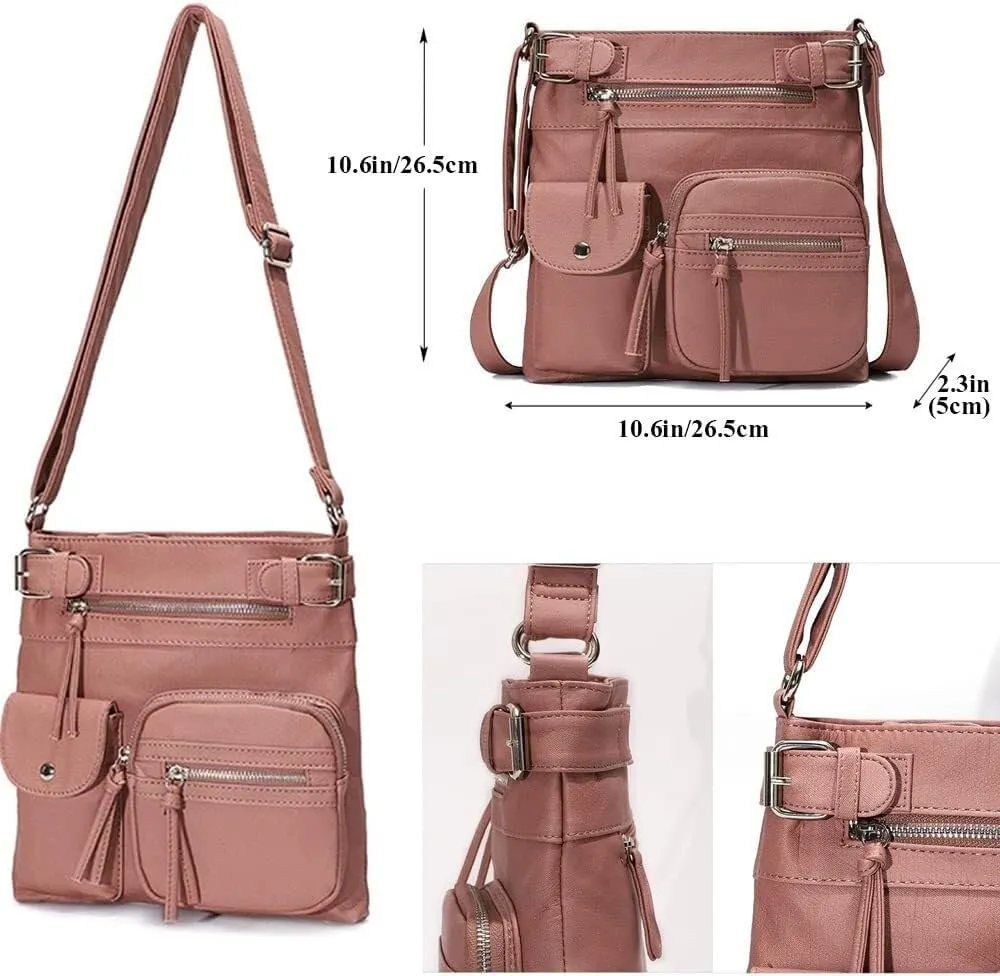 Women Crossbody Bags Vintage Messenger Vegan Leather Pocket Purse Shoulder Satchel Handbags Zipper Multi