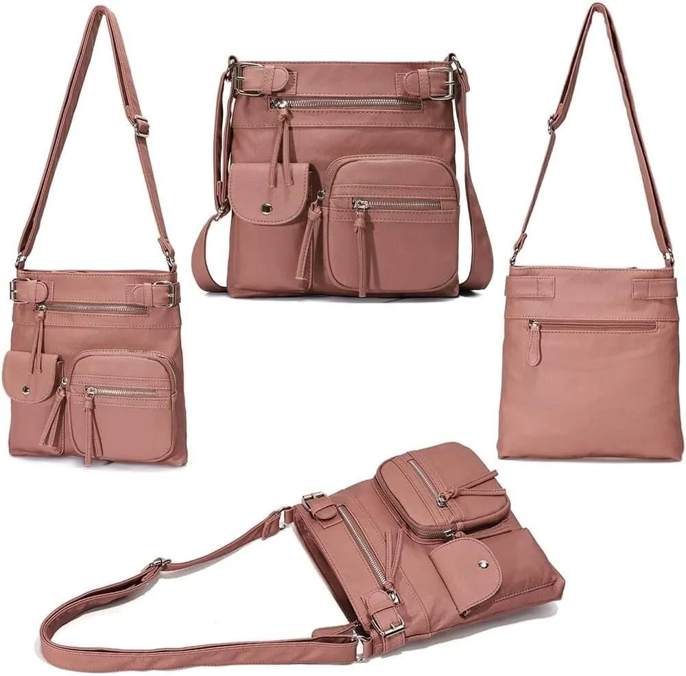 Women Crossbody Bags Vintage Messenger Vegan Leather Pocket Purse Shoulder Satchel Handbags Zipper Multi