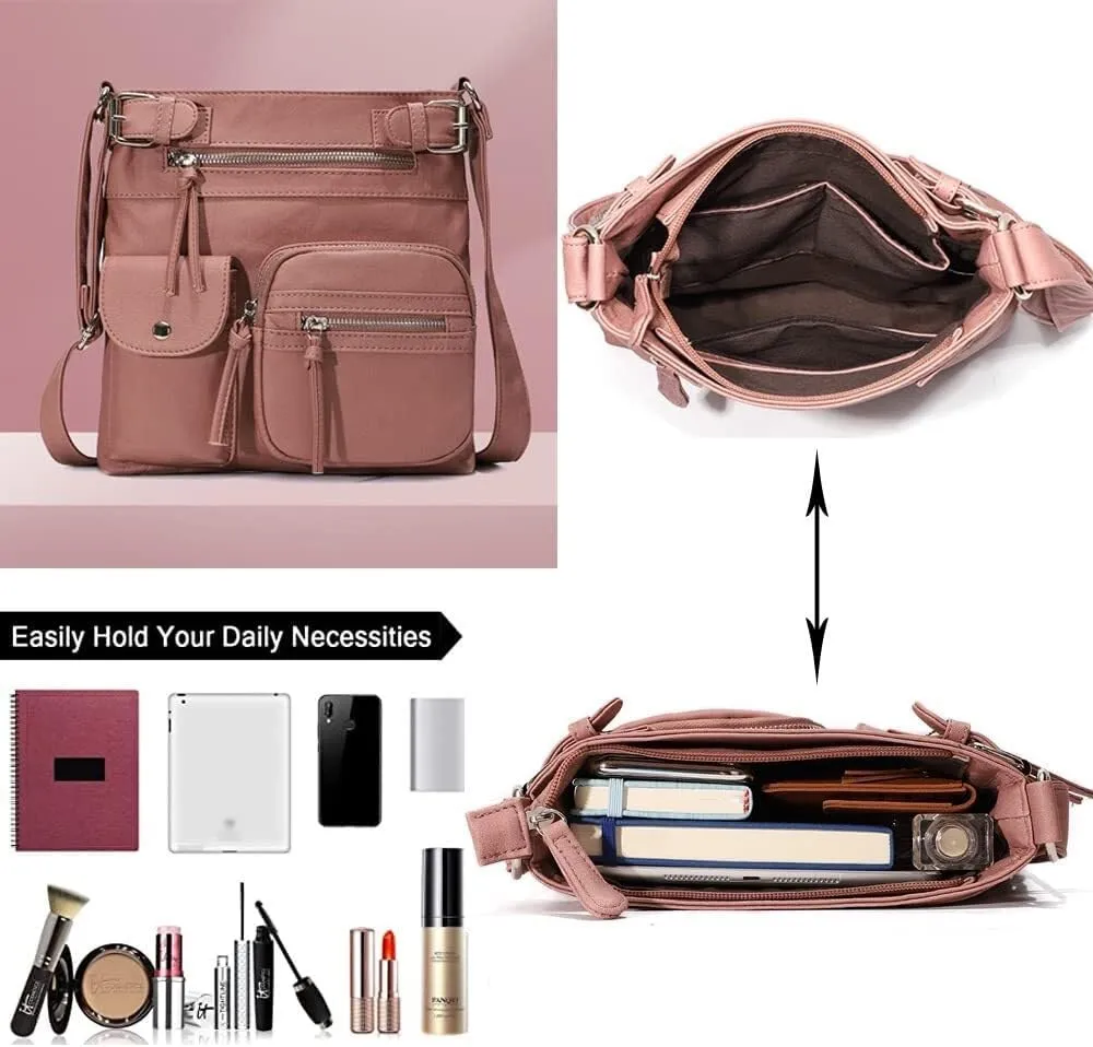 Women Crossbody Bags Vintage Messenger Vegan Leather Pocket Purse Shoulder Satchel Handbags Zipper Multi