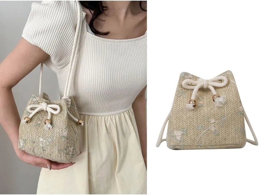 Women Drawstring Shoulder Bag Ladies Straw Woven Bucket Crossbody Bag Beach-Handag All-matching Bag Ins