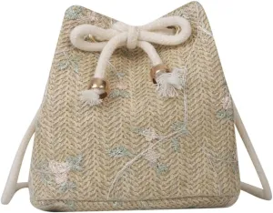 Women Drawstring Shoulder Bag Ladies Straw Woven Bucket Crossbody Bag Beach-Handag All-matching Bag Ins