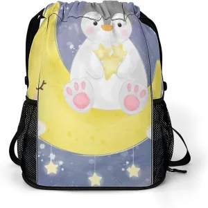 Women Drawstring Zipper Backpack Gym Bag Compatible with Cute Penguin, Waterproof Polyester Outdoor Drawstring String Backpack Party Supplies Gift Sports Bag